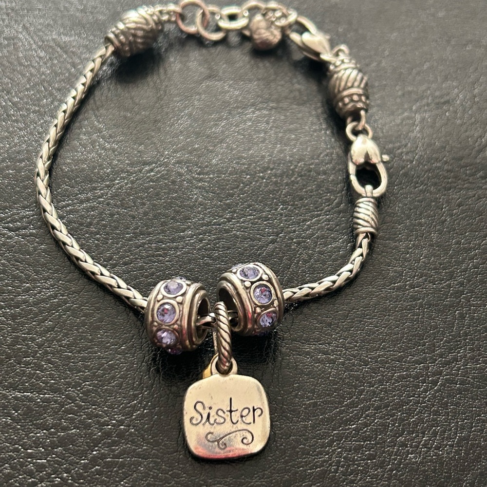 Brighton barrel slide bracelet with 3 charms. One Sister, and 2 amethyst slides. - Picture 2 of 8